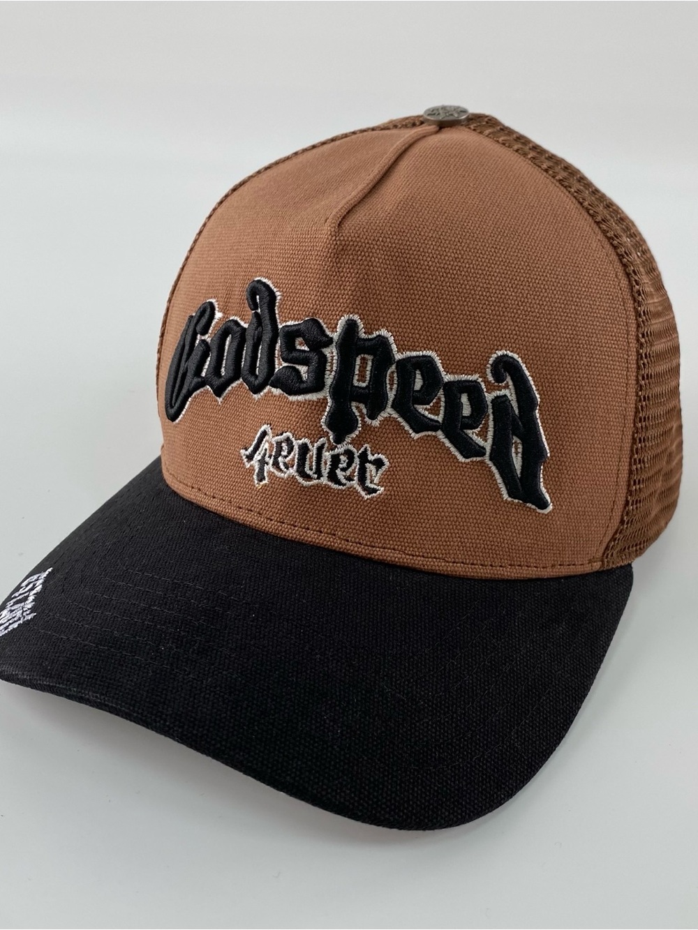 Brown and Black Trucker Cap with Embroidered Script